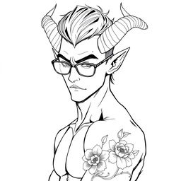 A slim, sexy male Tiefling with captivating features, including prominent curved horns, pointed ears, and stylish glasses