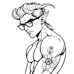 A slim, sexy male Tiefling with captivating features, including prominent curved horns, pointed ears, and stylish glasses