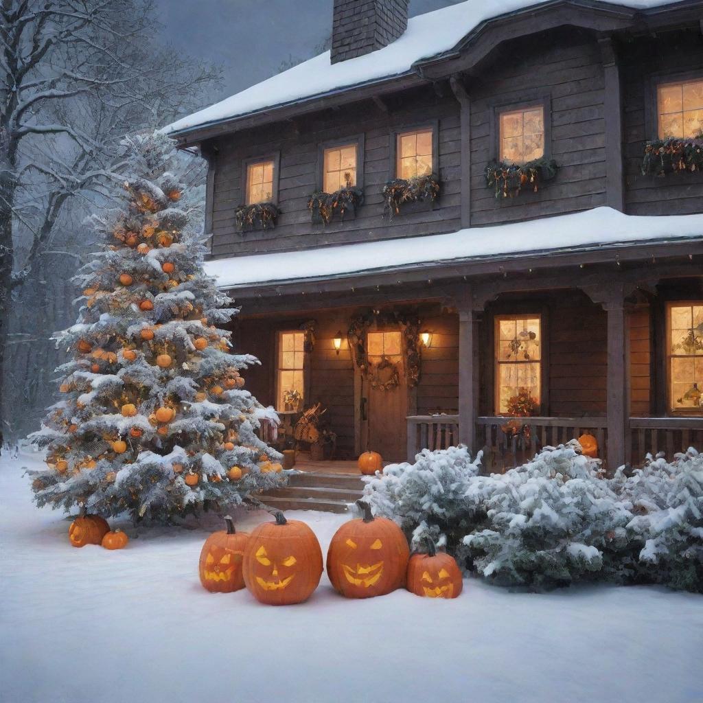 A festive crossover scene featuring Halloween decorations like carved pumpkins, and ghost ornaments, contrasted with a majestic snow-covered Christmas tree twinkling with magic.