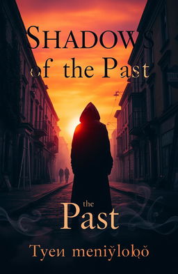 A captivating book cover for 'Shadows of the Past', featuring a mysterious figure standing on a desolate street at sunset