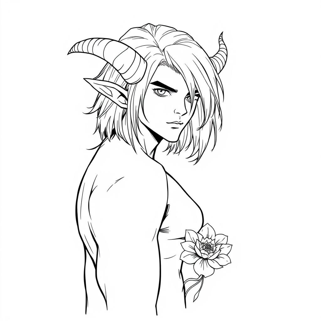 A slim, sexy male Tiefling with medium long hair, adorned with distinctive features such as prominent curved horns and pointed ears