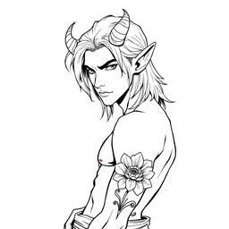 A slim, sexy male Tiefling with medium long hair, adorned with distinctive features such as prominent curved horns and pointed ears