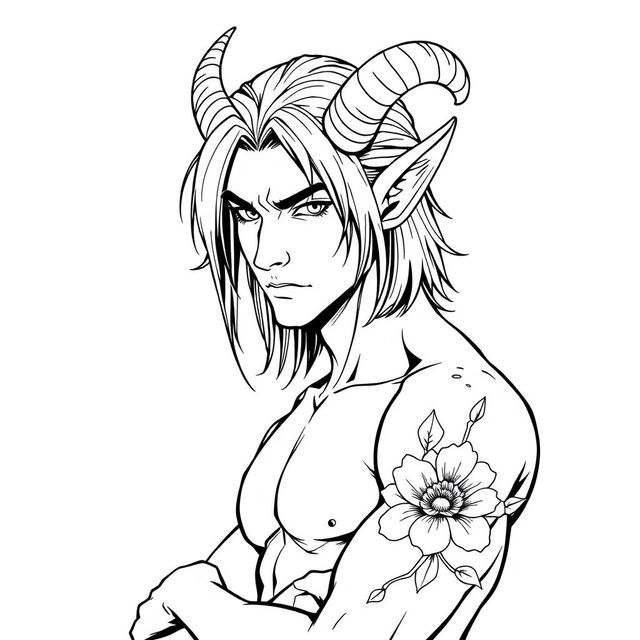 A slim, sexy male Tiefling with medium long hair, adorned with distinctive features such as prominent curved horns and pointed ears