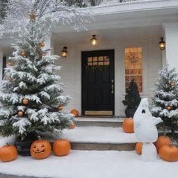 A festive crossover scene featuring Halloween decorations like carved pumpkins, and ghost ornaments, contrasted with a majestic snow-covered Christmas tree twinkling with magic.