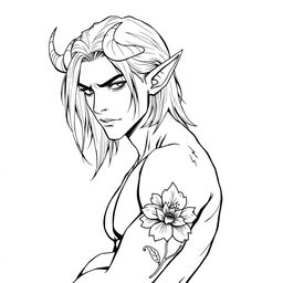 A slim, sexy male Tiefling with medium long hair, adorned with distinctive features such as prominent curved horns and pointed ears