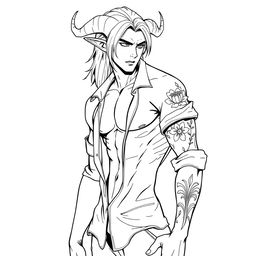 A slim, sexy male Tiefling with medium long hair, showcasing his alluring physique in a full-body pose