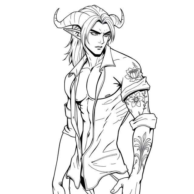 A slim, sexy male Tiefling with medium long hair, showcasing his alluring physique in a full-body pose