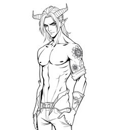 A slim, sexy male Tiefling with medium long hair, showcasing his alluring physique in a full-body pose