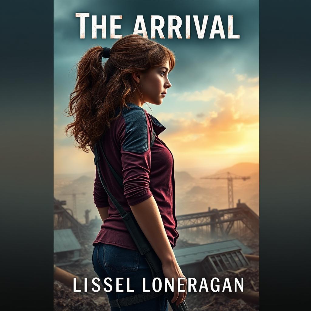 A realistic book cover design featuring a teen girl with brown wavy hair, dressed in maroon and navy blue gear inspired by the Maze Runner, complete with a thigh holster