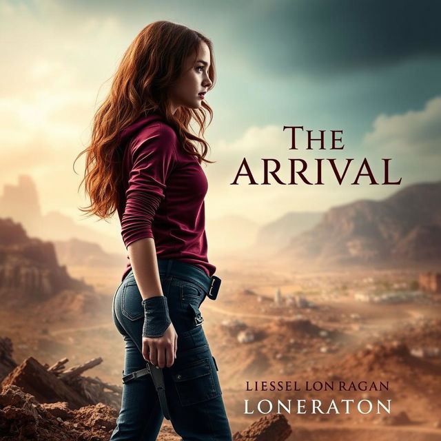 A realistic book cover design featuring a teen girl with brown wavy hair, dressed in maroon and navy blue gear inspired by the Maze Runner, complete with a thigh holster