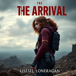 A realistic book cover design featuring a teen girl with brown wavy hair, dressed in maroon and navy blue gear inspired by the Maze Runner, complete with a thigh holster