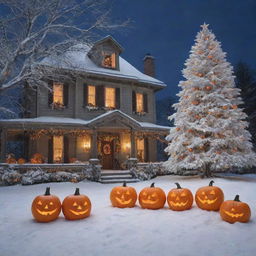 A festive crossover scene featuring Halloween decorations like carved pumpkins, and ghost ornaments, contrasted with a majestic snow-covered Christmas tree twinkling with magic.