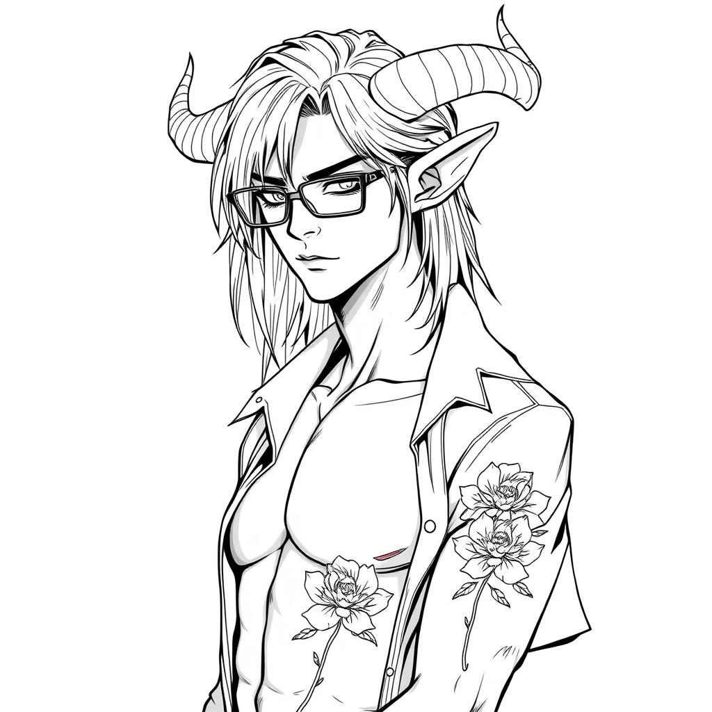 A slim, sexy male Tiefling with medium long hair, boasting unique features such as prominent curved horns and pointed ears