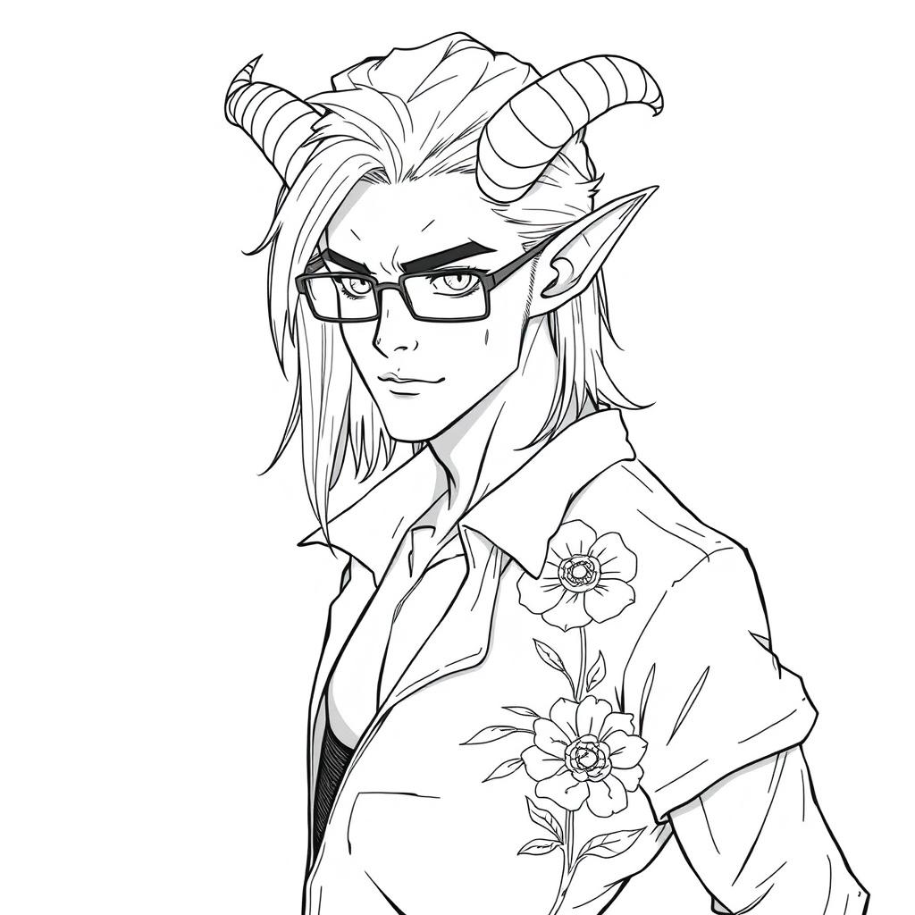 A slim, sexy male Tiefling with medium long hair, boasting unique features such as prominent curved horns and pointed ears