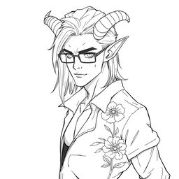 A slim, sexy male Tiefling with medium long hair, boasting unique features such as prominent curved horns and pointed ears