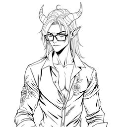 A slim, sexy male Tiefling with medium long hair, boasting unique features such as prominent curved horns and pointed ears