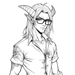 A slim, sexy male Tiefling with medium long hair, boasting unique features such as prominent curved horns and pointed ears