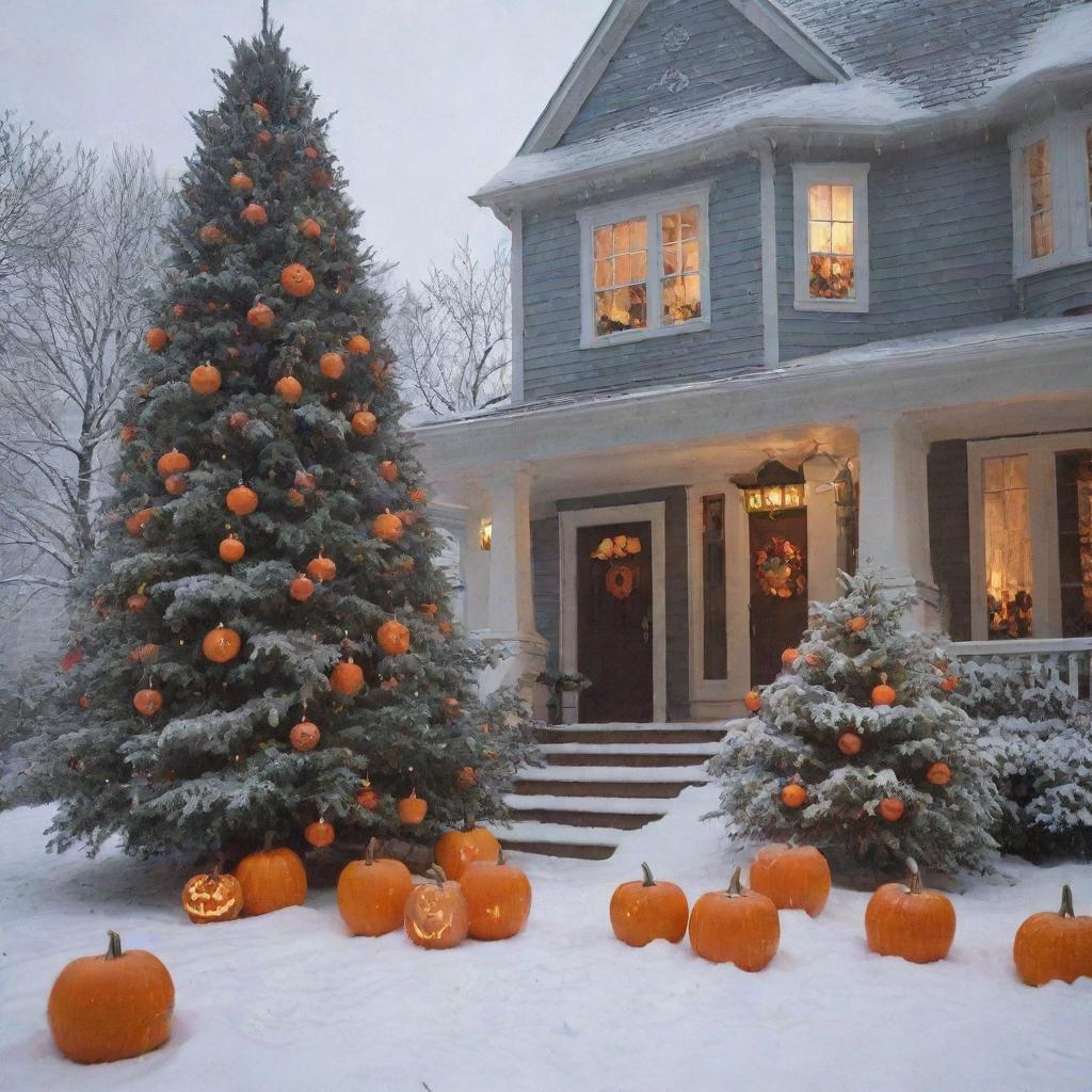 A festive crossover scene featuring Halloween decorations like carved pumpkins, and ghost ornaments, contrasted with a majestic snow-covered Christmas tree twinkling with magic.