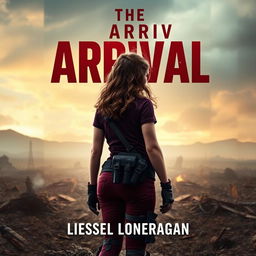 A highly realistic book cover design featuring a teen girl with brown wavy hair, sporting maroon and navy blue gear similar to the Maze Runner style, along with a thigh holster