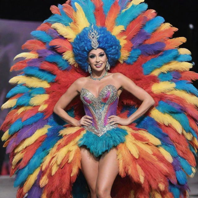 A Disney cartoon character stunningly clad in an even more extravagant feathered dress costume, ready to dazzle in a thriving drag race environment. The colorful style matches the intensity of the race.