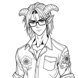 A slim male Tiefling portrayed in a full-body view, showcasing a striking aesthetic with medium long hair and prominent curved horns