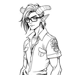 A slim male Tiefling portrayed in a full-body view, showcasing a striking aesthetic with medium long hair and prominent curved horns