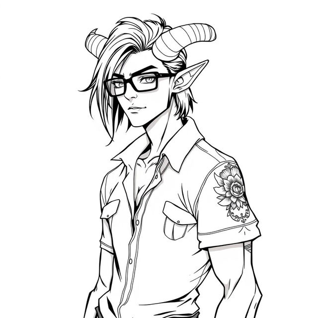 A slim male Tiefling portrayed in a full-body view, showcasing a striking aesthetic with medium long hair and prominent curved horns