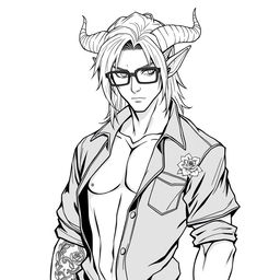 A slim male Tiefling portrayed in a full-body view, showcasing a striking aesthetic with medium long hair and prominent curved horns