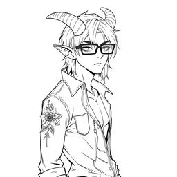 A slim male Tiefling portrayed in a full-body view, showcasing a striking aesthetic with medium long hair and prominent curved horns