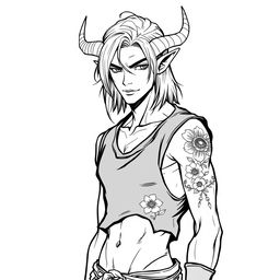 A slim male Tiefling presented in a full-body view, featuring medium long hair and distinct pointed horns