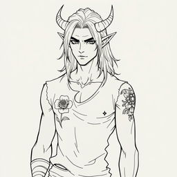 A slim male Tiefling presented in a full-body view, featuring medium long hair and distinct pointed horns