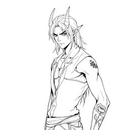 A slim male Tiefling presented in a full-body view, featuring medium long hair and distinct pointed horns