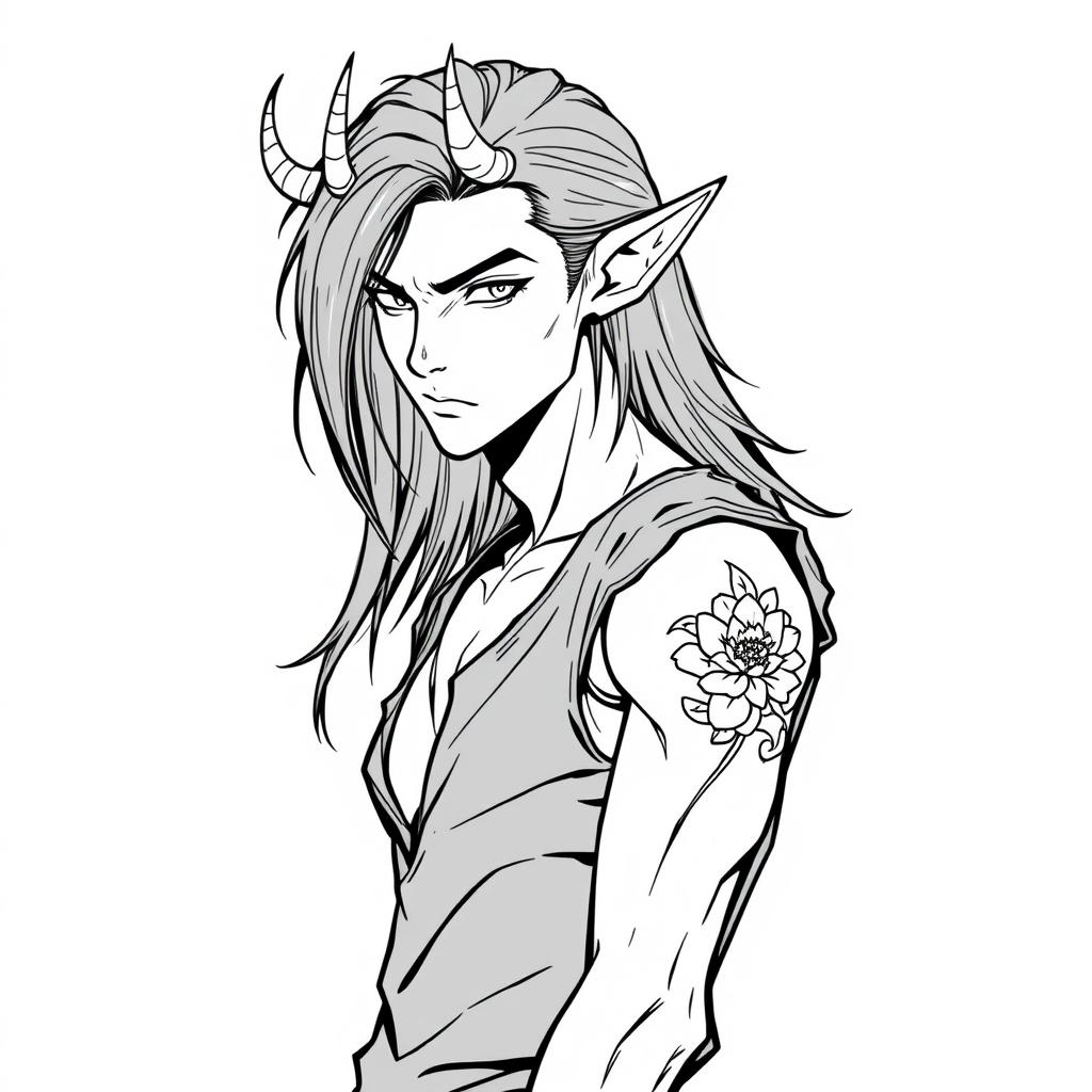 A slim male Tiefling presented in a full-body view, featuring medium long hair and distinct pointed horns