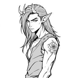 A slim male Tiefling presented in a full-body view, featuring medium long hair and distinct pointed horns