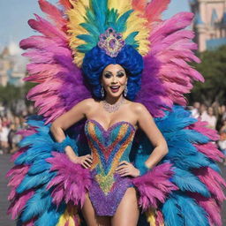 A Disney cartoon character stunningly clad in an even more extravagant feathered dress costume, ready to dazzle in a thriving drag race environment. The colorful style matches the intensity of the race.