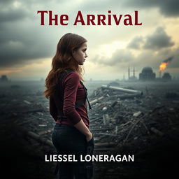 A highly realistic book cover design featuring a teen girl with brown wavy hair, dressed in maroon and navy blue gear inspired by the Maze Runner, including a thigh holster