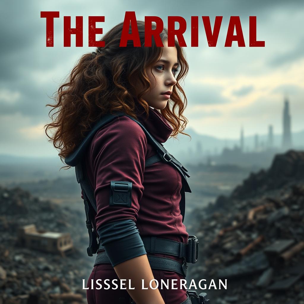 A realistic book cover design featuring a teen girl with slightly curlier brown wavy hair, dressed in maroon and navy blue gear inspired by the Maze Runner, complete with a thigh holster