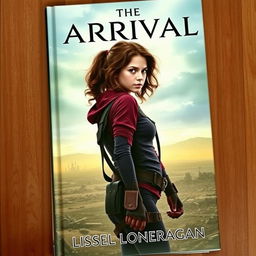 A realistic book cover design featuring a teen girl with slightly curlier brown wavy hair, dressed in maroon and navy blue gear inspired by the Maze Runner, complete with a thigh holster