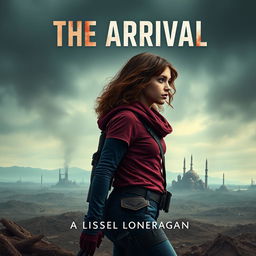 A realistic book cover design featuring a teen girl with slightly curlier brown wavy hair, dressed in maroon and navy blue gear inspired by the Maze Runner, complete with a thigh holster