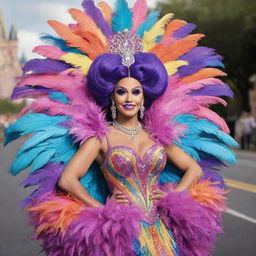 A Disney cartoon character stunningly clad in an even more extravagant feathered dress costume, ready to dazzle in a thriving drag race environment. The colorful style matches the intensity of the race.