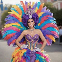 A Disney cartoon character stunningly clad in an even more extravagant feathered dress costume, ready to dazzle in a thriving drag race environment. The colorful style matches the intensity of the race.