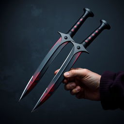 A pair of curved twin daggers resembling short swords, designed for ease of carry in the hands