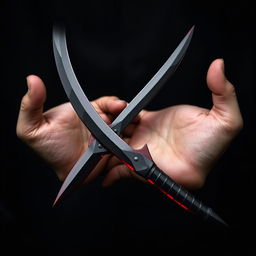 A pair of curved twin daggers resembling short swords, designed for ease of carry in the hands