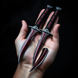 A pair of curved twin daggers resembling short swords, designed for ease of carry in the hands