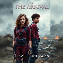 A realistic book cover design featuring a teen girl with slightly curlier brown wavy hair, dressed in maroon and navy blue gear inspired by the Maze Runner, complete with a thigh holster, standing prominently in the foreground