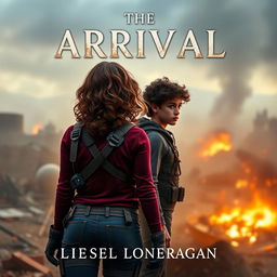 A realistic book cover design featuring a teen girl with slightly curlier brown wavy hair, dressed in maroon and navy blue gear inspired by the Maze Runner, complete with a thigh holster, standing prominently in the foreground