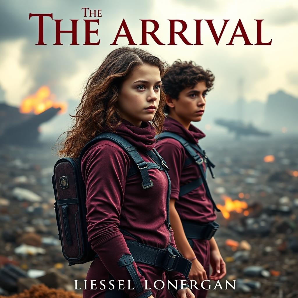 A realistic book cover design featuring a teen girl with slightly curlier brown wavy hair, dressed in maroon and navy blue gear inspired by the Maze Runner, complete with a thigh holster, standing prominently in the foreground