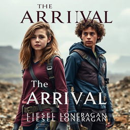 A highly realistic book cover design featuring a teen girl and a teen boy set in a dystopian landscape