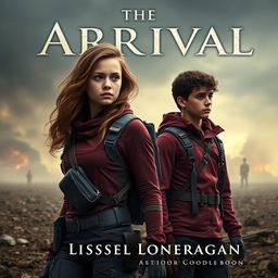 A highly realistic book cover design featuring a teen girl and a teen boy set in a dystopian landscape