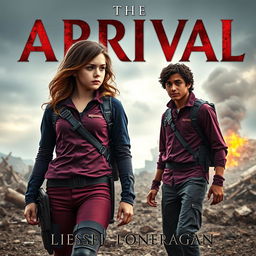 A highly realistic book cover design featuring a teen girl and a teen boy set in a dystopian landscape